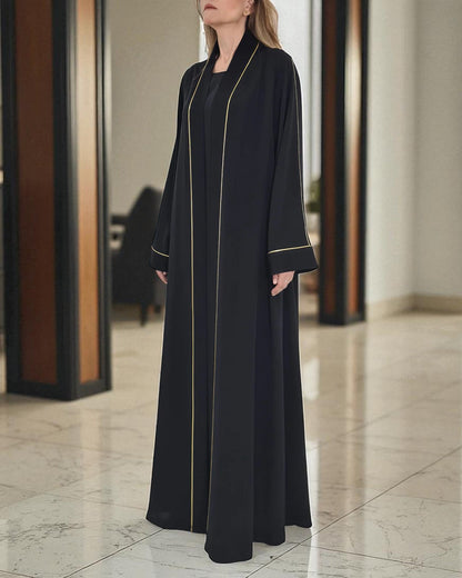 Stylish Burqa Ð Black Front Open Abaya with Contrast Piping in Praada Fabric