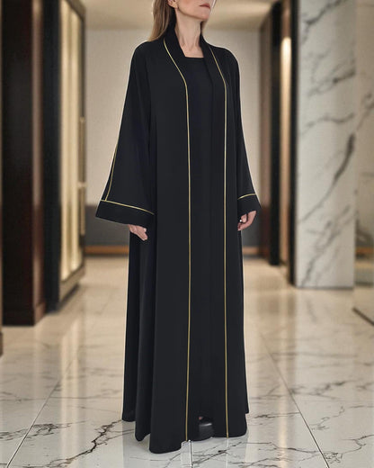 Stylish Burqa Ð Black Front Open Abaya with Contrast Piping in Praada Fabric