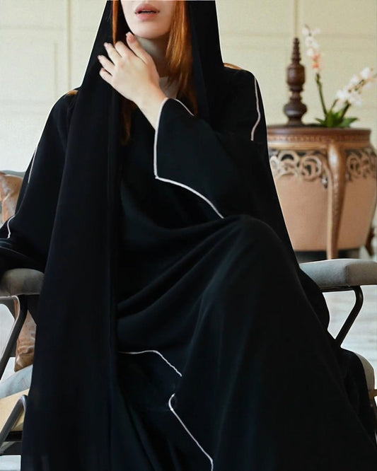 Black Firdaus Front Open Kaftan Abaya with Piping & Hijab Ð Abaya for Women