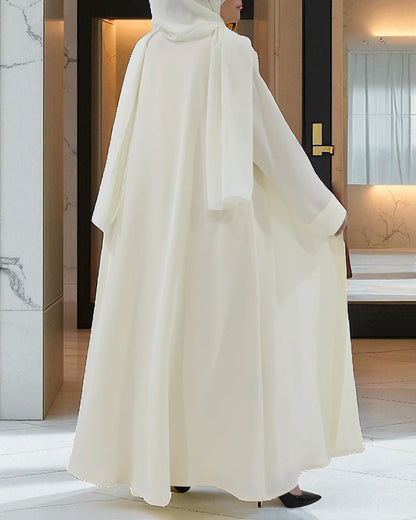 White Firdaus Front Open Abaya with Inner & Hijab | Abaya for Haj