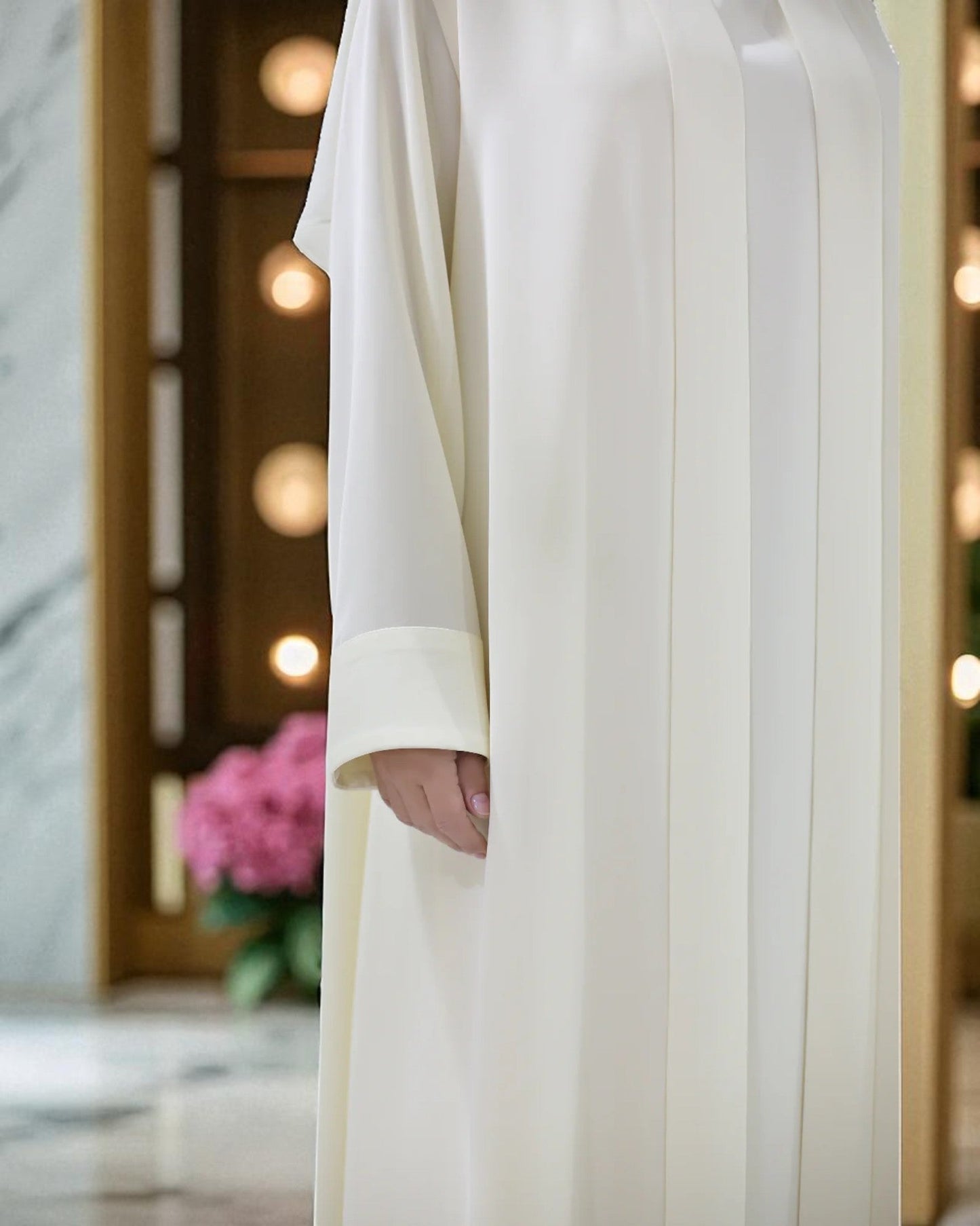 White Firdaus Front Open Abaya with Inner & Hijab | Abaya for Haj