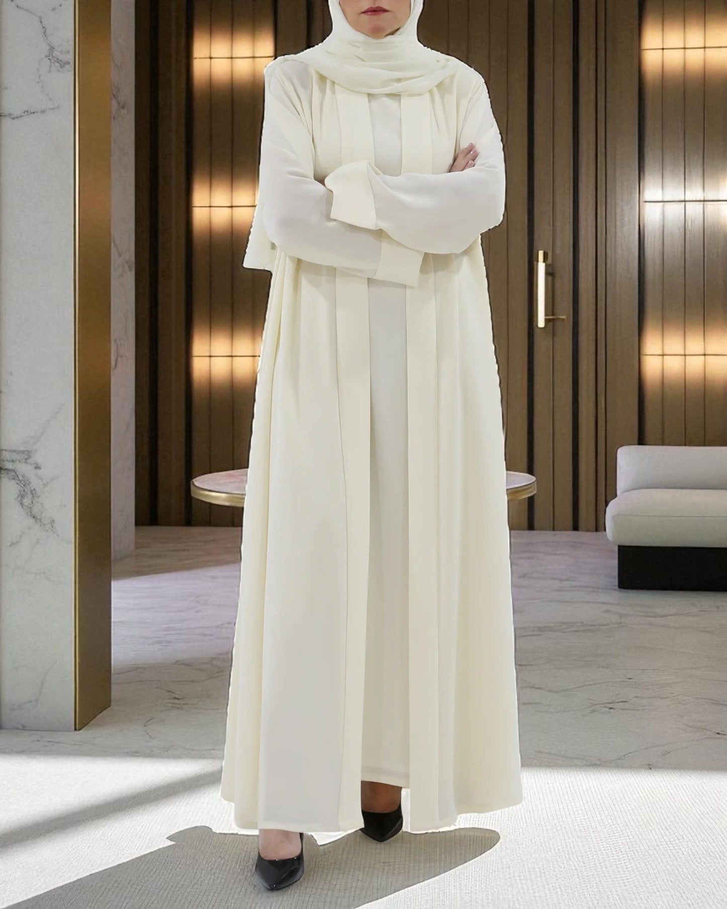 White Firdaus Front Open Abaya with Inner & Hijab | Abaya for Haj