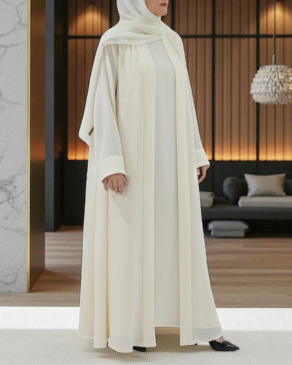 White Firdaus Front Open Abaya with Inner & Hijab | Abaya for Haj