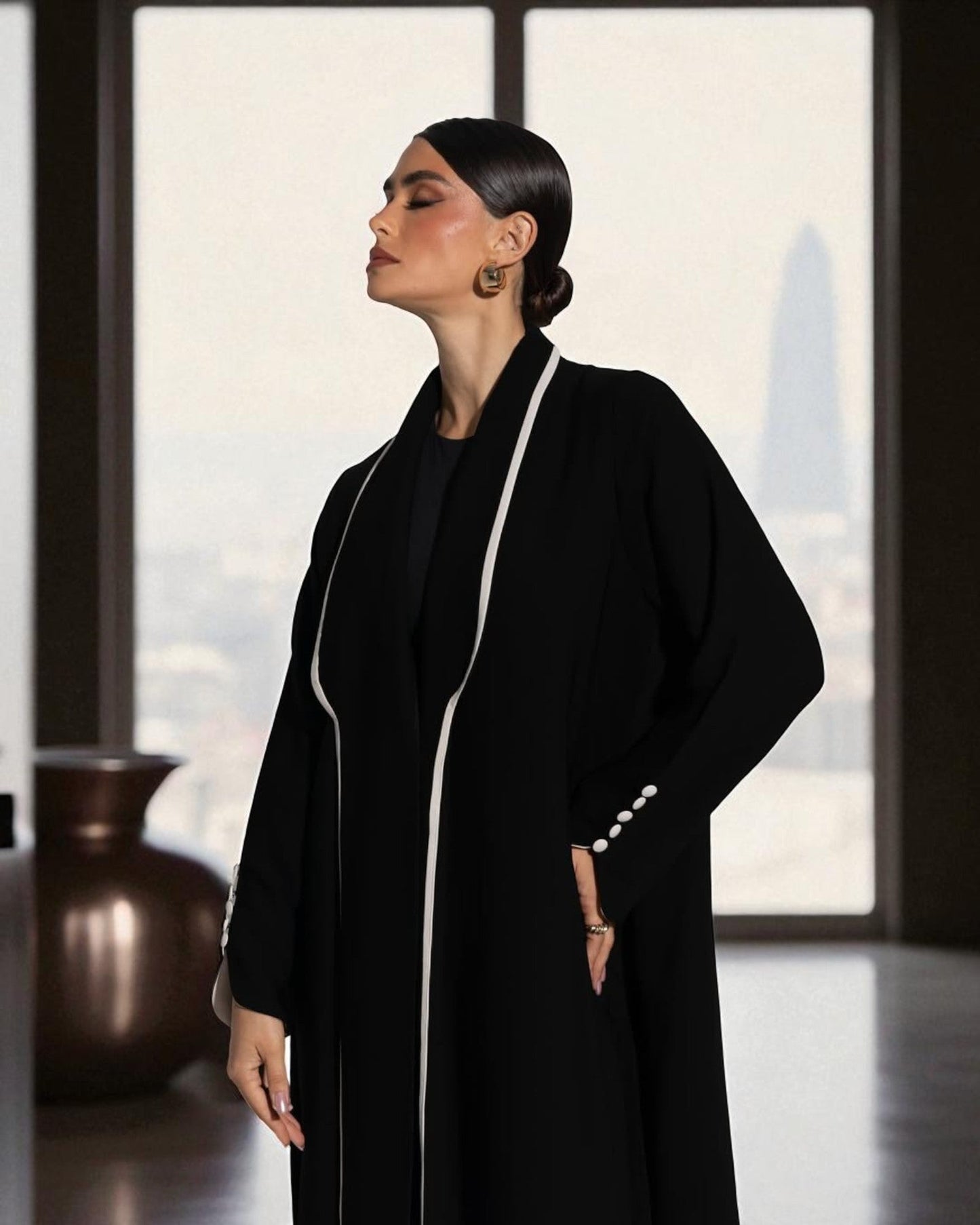 Designer Abaya in Prada Fabric with White Piping and Button Detail