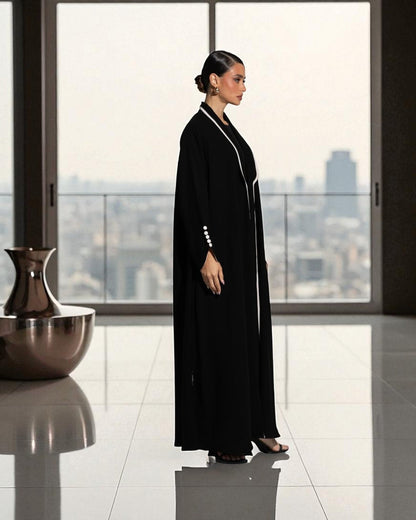 Designer Abaya in Prada Fabric with White Piping and Button Detail
