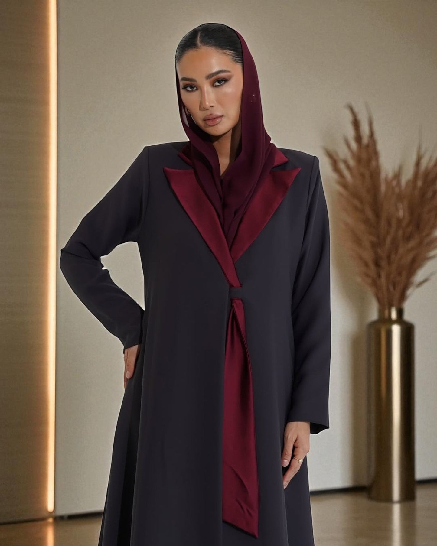 Graceful Contrast Satin Lapel in Latest Abaya Design