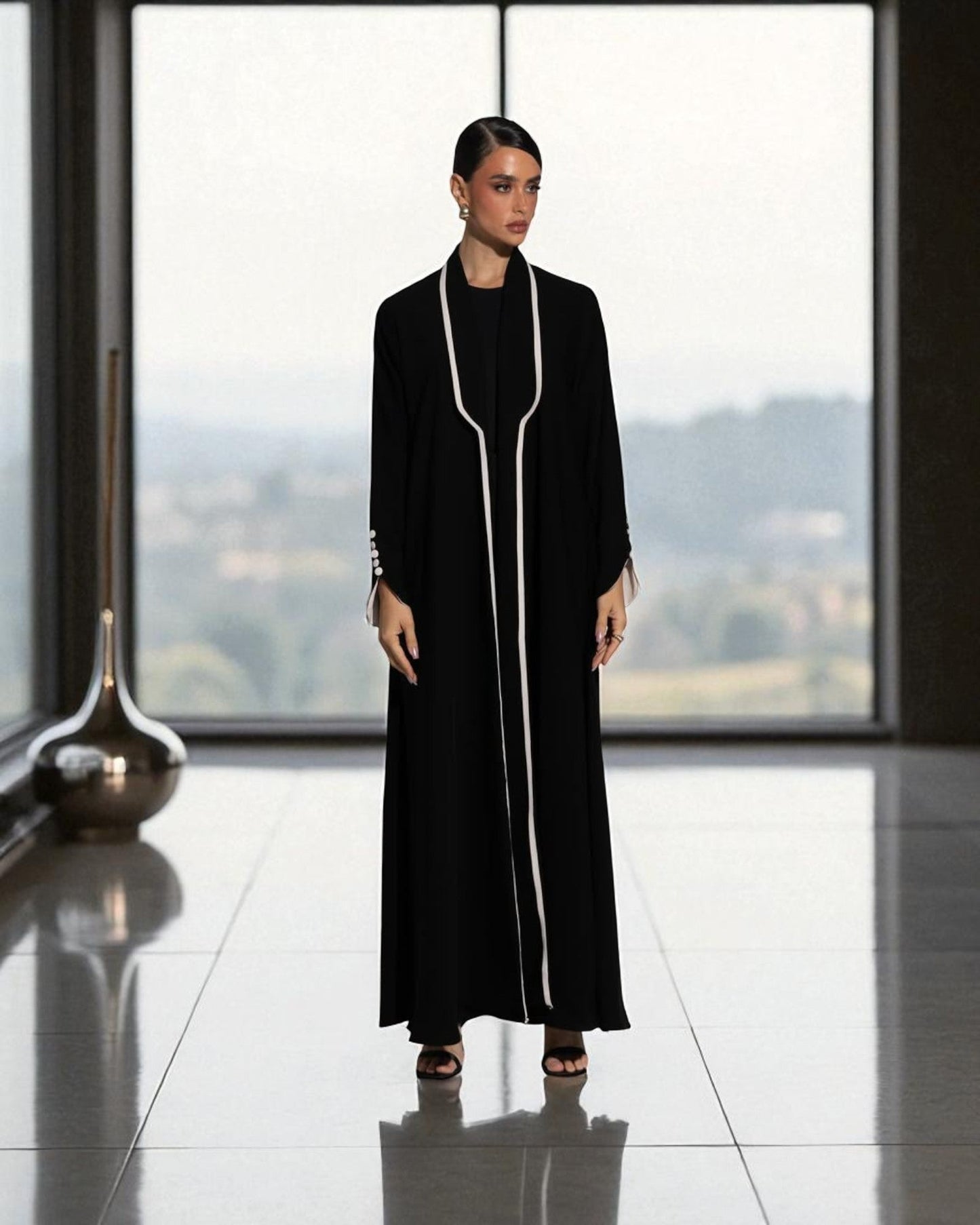 Designer Abaya in Prada Fabric with White Piping and Button Detail