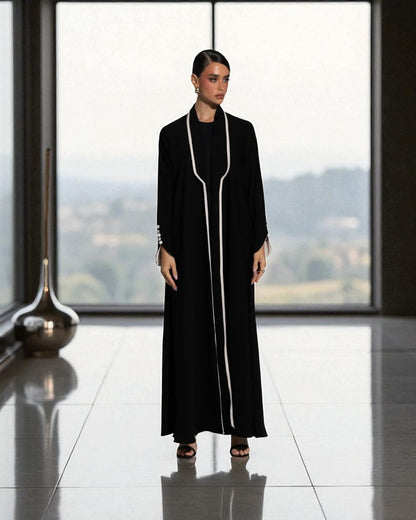 Designer Abaya in Prada Fabric with White Piping and Button Detail