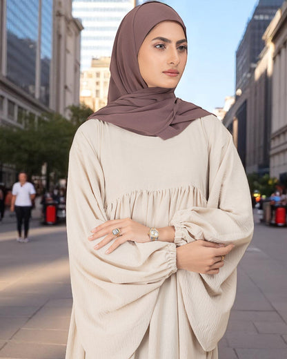 Loose Fit Firdaus Fabric Abaya with Balloon Sleeves & Complimentary Hijab