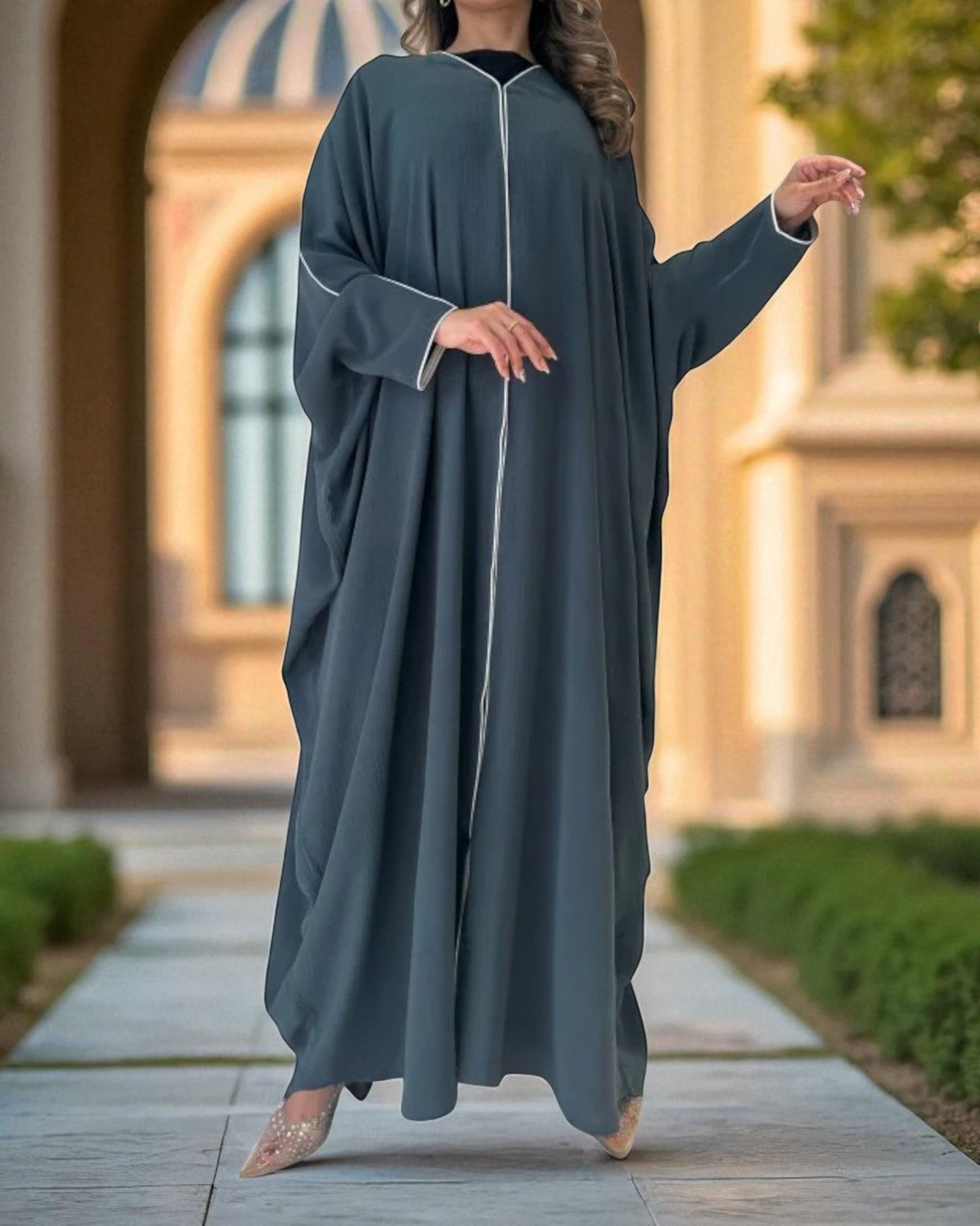 Elegant Free Size Plus Size Abaya in Cey Crush Fabric with Piping
