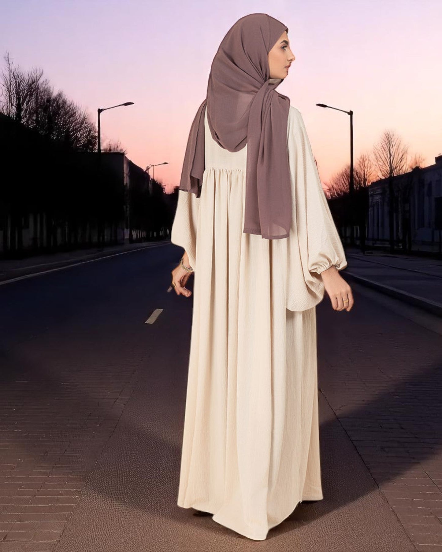 Loose Fit Firdaus Fabric Abaya with Balloon Sleeves & Complimentary Hijab