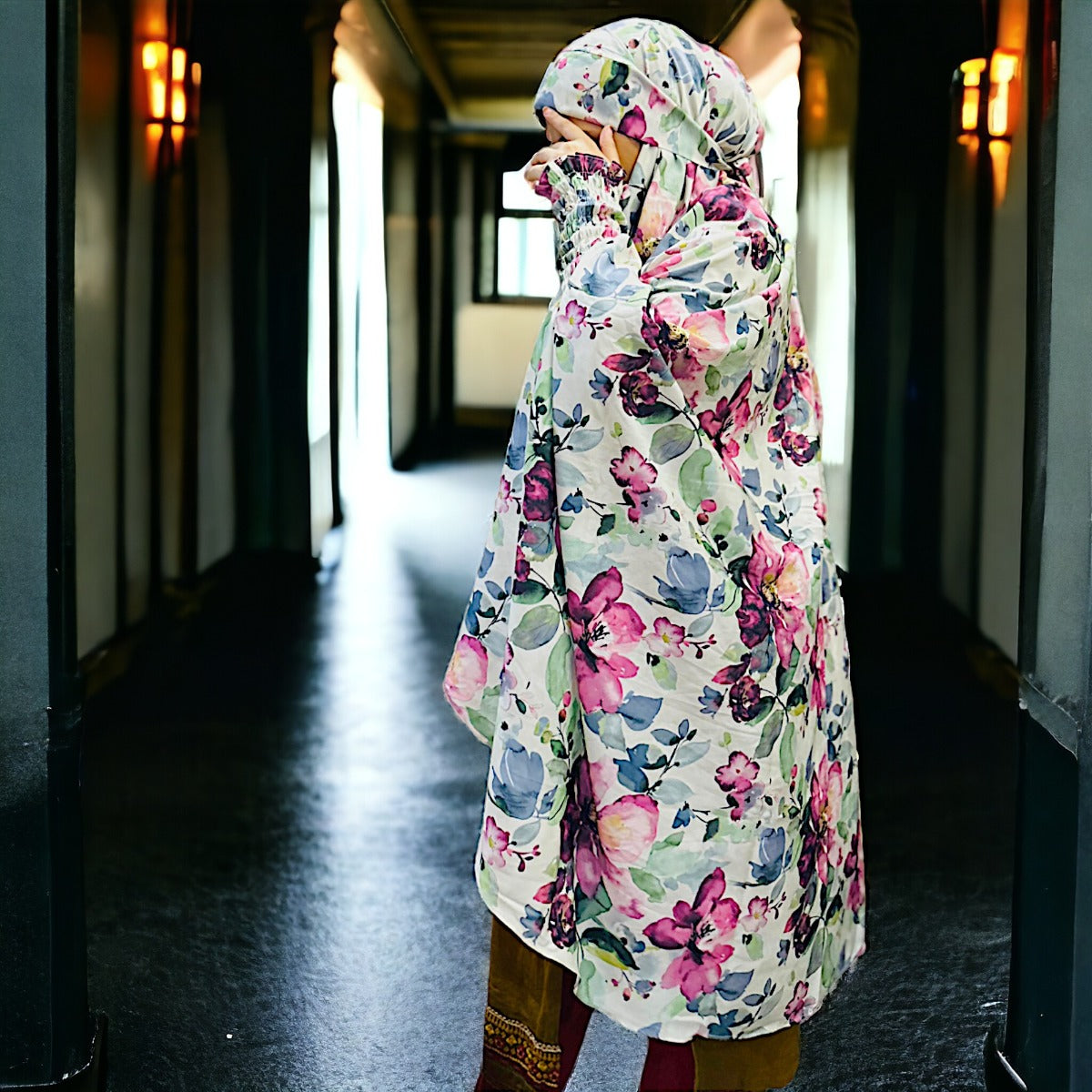 Printed Khimar-Long Prayer Hijab With Attached Mouth-Piece