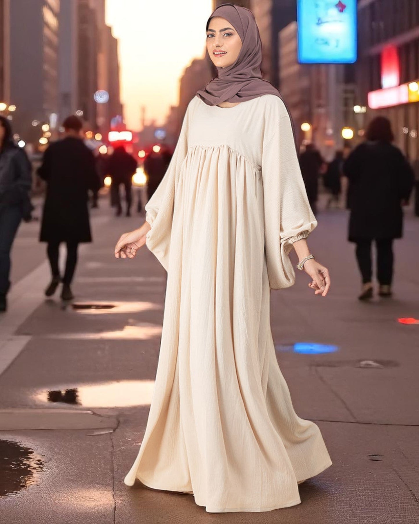 Loose Fit Firdaus Fabric Abaya with Balloon Sleeves & Complimentary Hijab