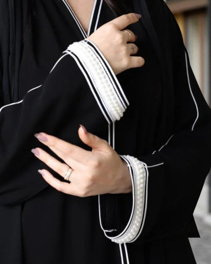 Black Firdaus Angrakha Abaya with Pearl Sleeve Detailing