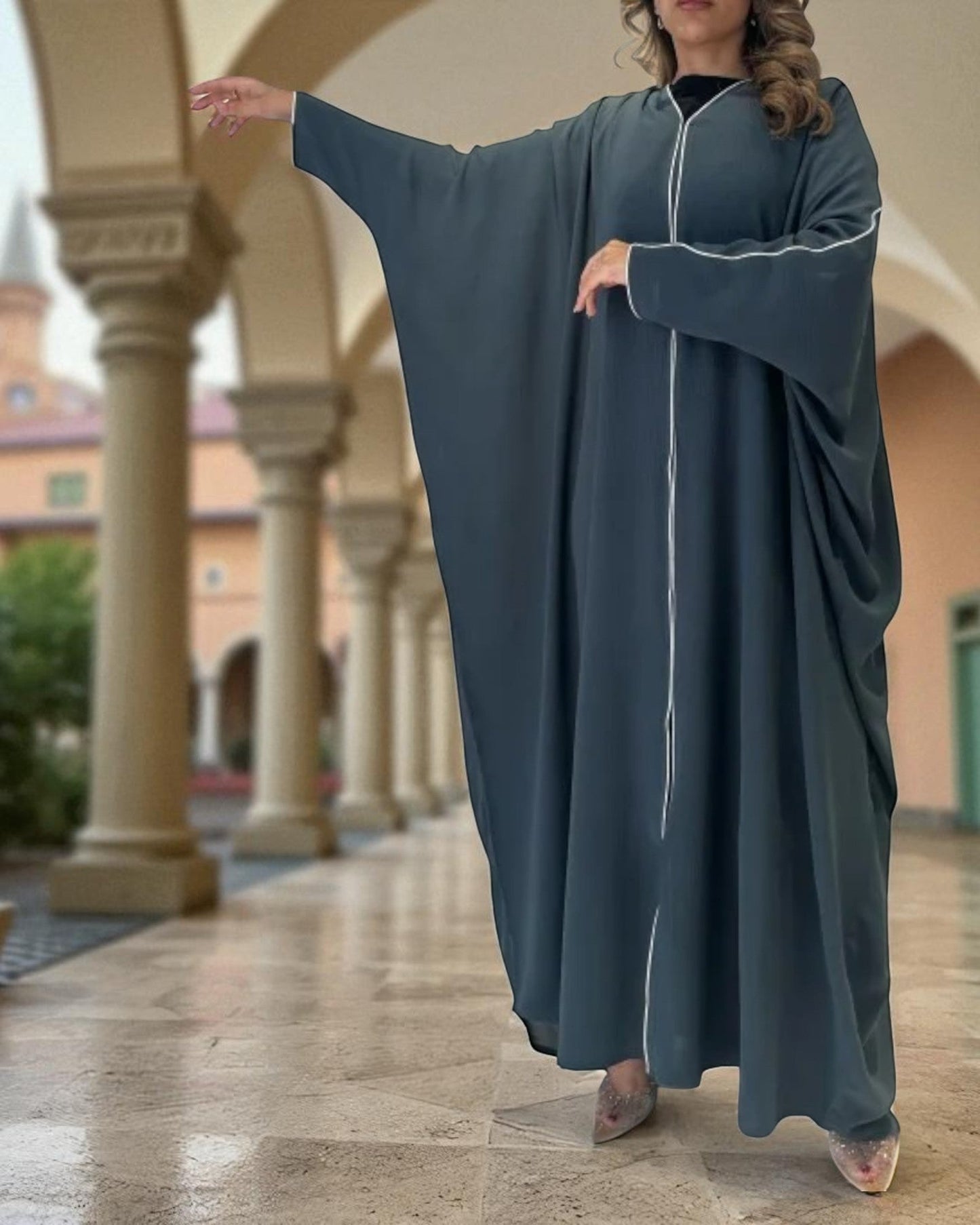 Elegant Free Size Plus Size Abaya in Cey Crush Fabric with Piping