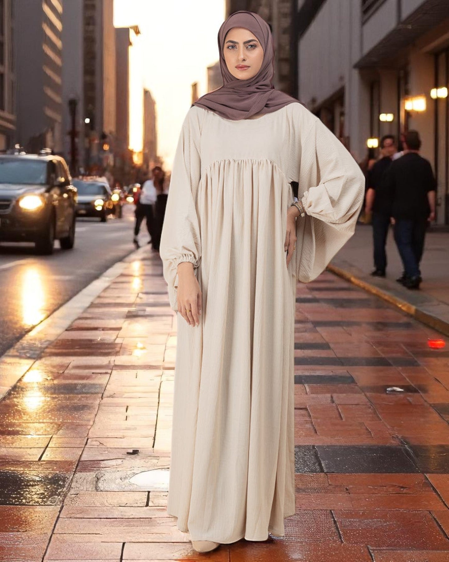 Loose Fit Firdaus Fabric Abaya with Balloon Sleeves & Complimentary Hijab