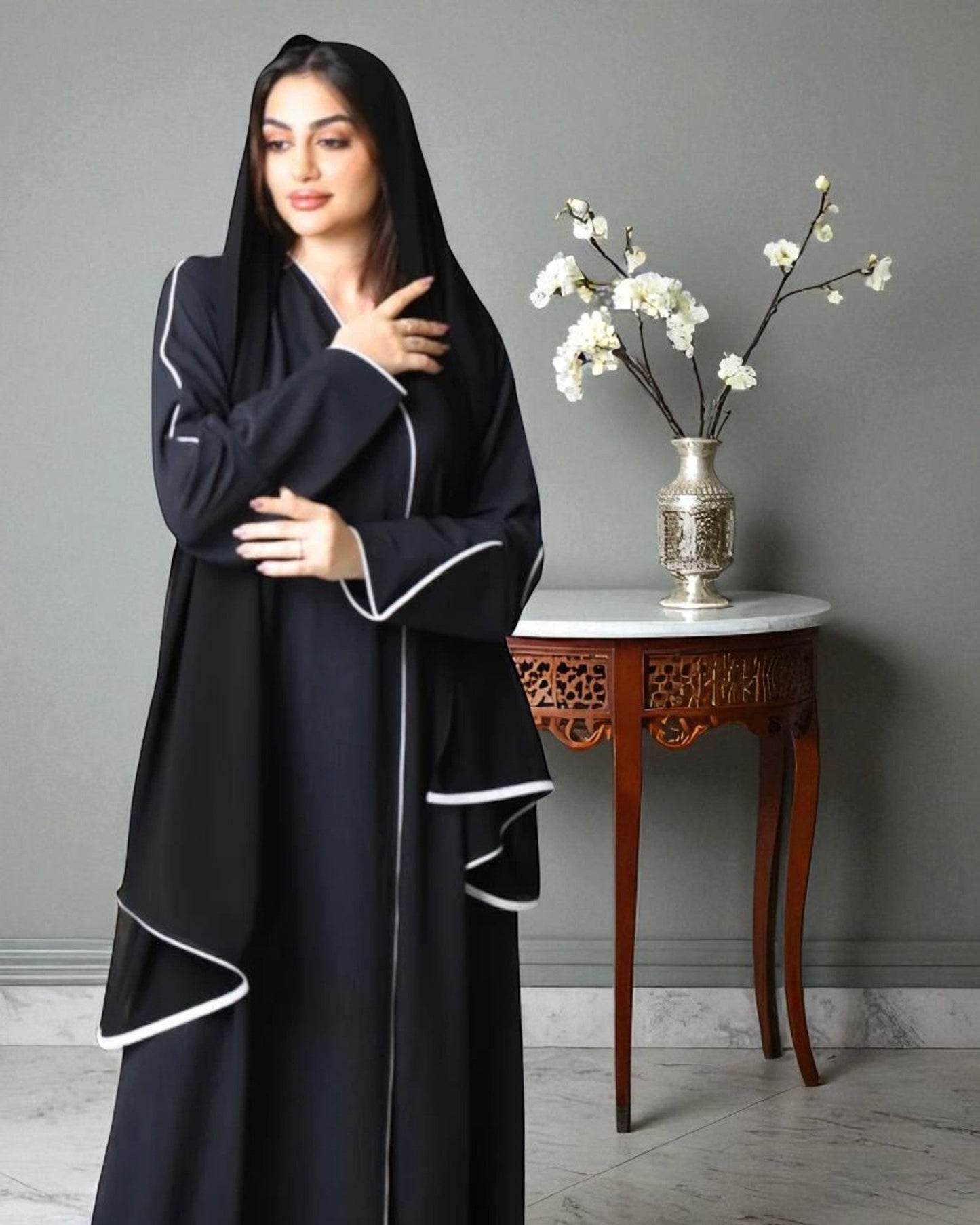 Angrakha Style Abaya for Woman in Cey Crush Fabric with White Piping