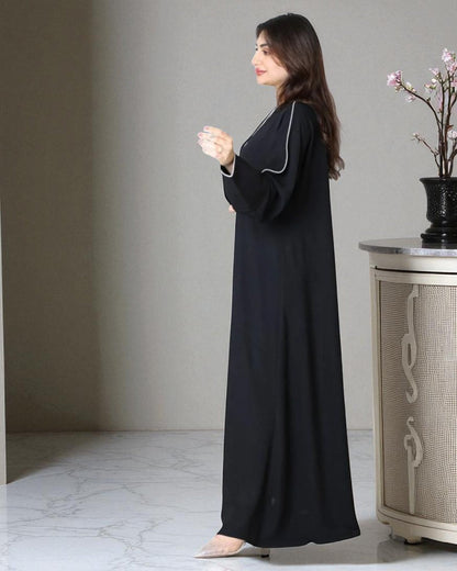 Angrakha Style Abaya for Woman in Cey Crush Fabric with White Piping