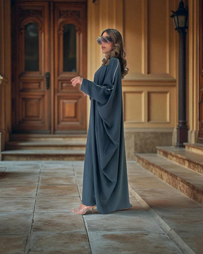 Elegant Free Size Plus Size Abaya in Cey Crush Fabric with Piping