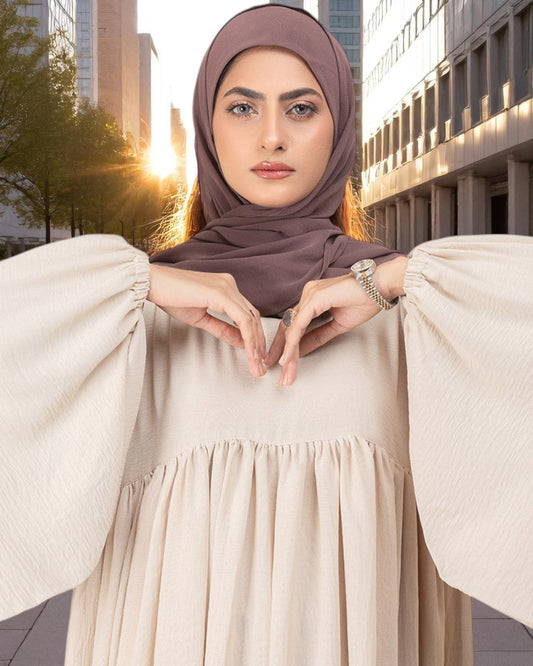 Loose Fit Firdaus Fabric Abaya with Balloon Sleeves & Complimentary Hijab