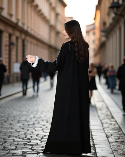 Black Firdaus Angrakha Abaya with Pearl Sleeve Detailing