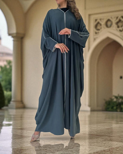 Elegant Free Size Plus Size Abaya in Cey Crush Fabric with Piping