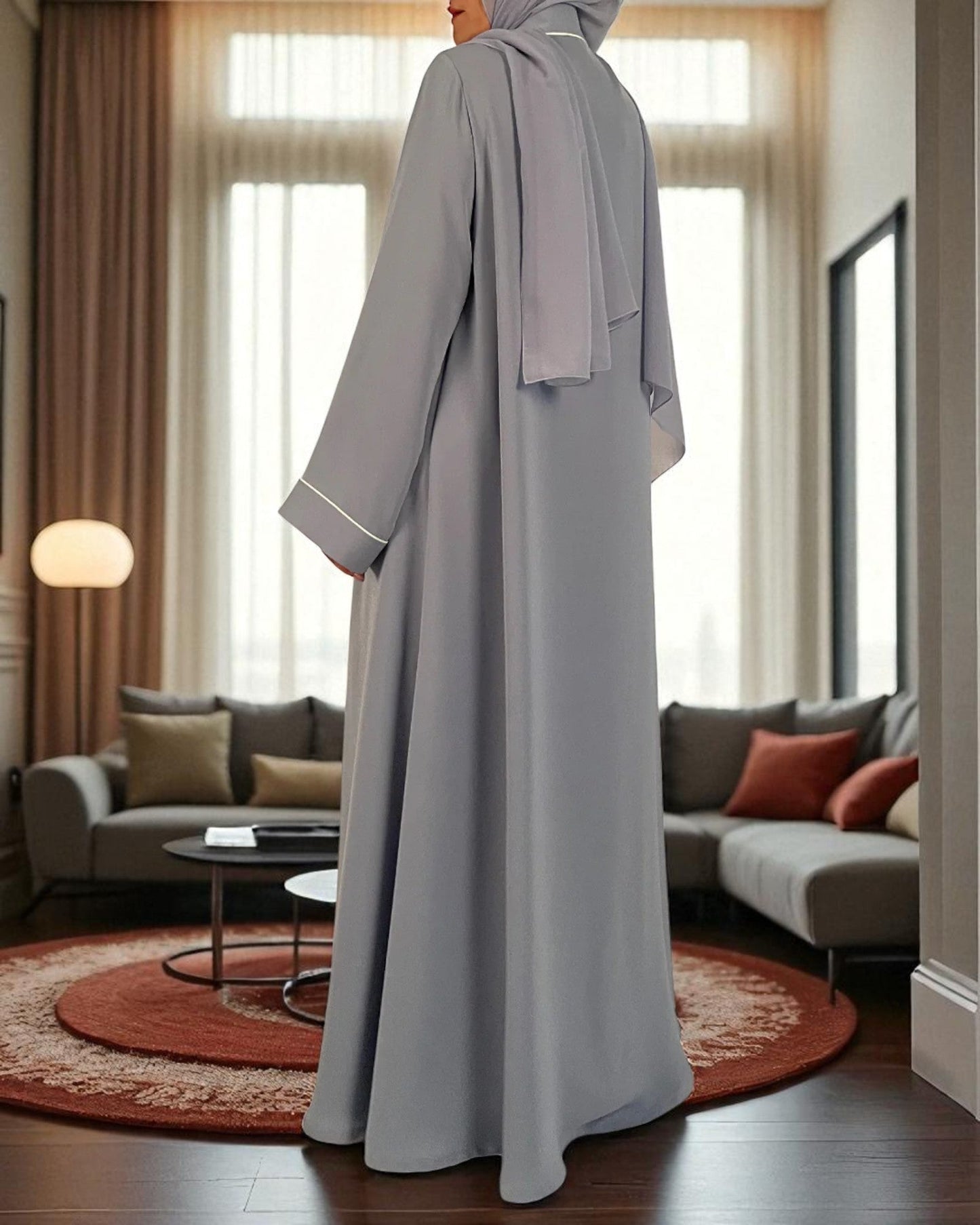 Shrug Abaya Front Open Firdaus Fabric with Contrast Piping and Inner