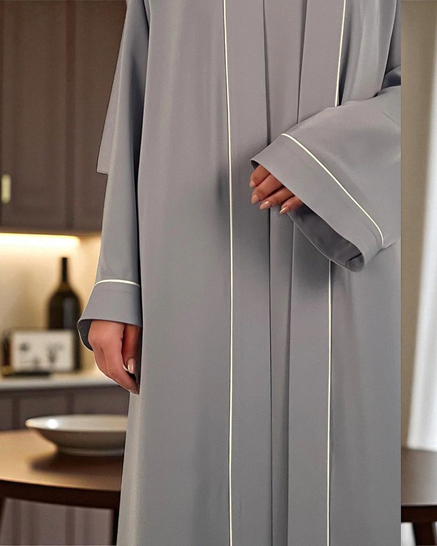 Shrug Abaya Front Open Firdaus Fabric with Contrast Piping and Inner