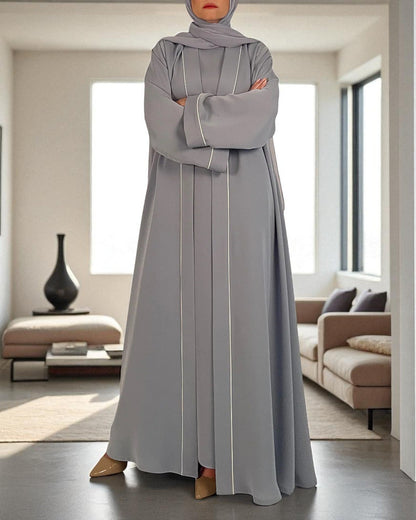 Shrug Abaya Front Open Firdaus Fabric with Contrast Piping and Inner