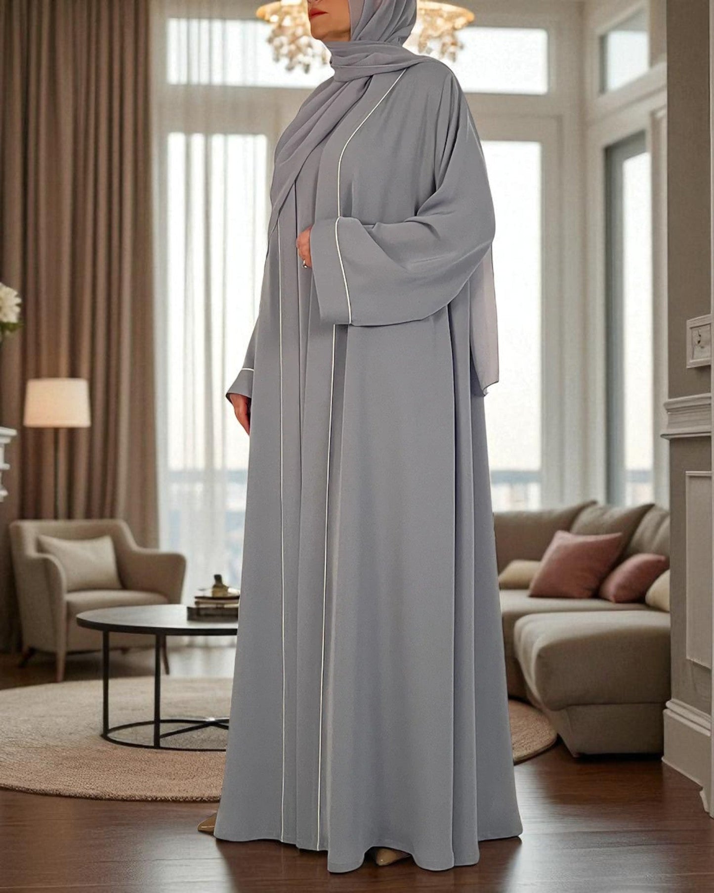 Shrug Abaya Front Open Firdaus Fabric with Contrast Piping and Inner