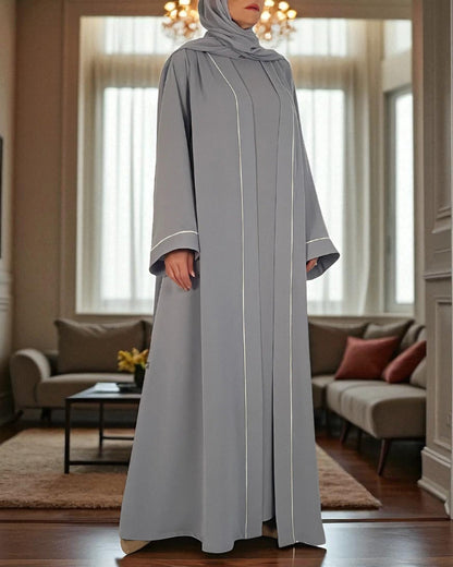 Shrug Abaya Front Open Firdaus Fabric with Contrast Piping and Inner