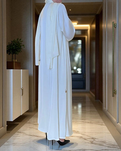 Abaya for Hajj Ð Front Open White Armani Satin Abaya with Inner & Hijab