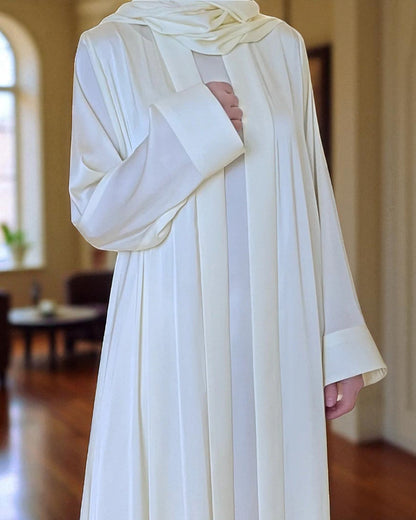 Abaya for Hajj Ð Front Open White Armani Satin Abaya with Inner & Hijab