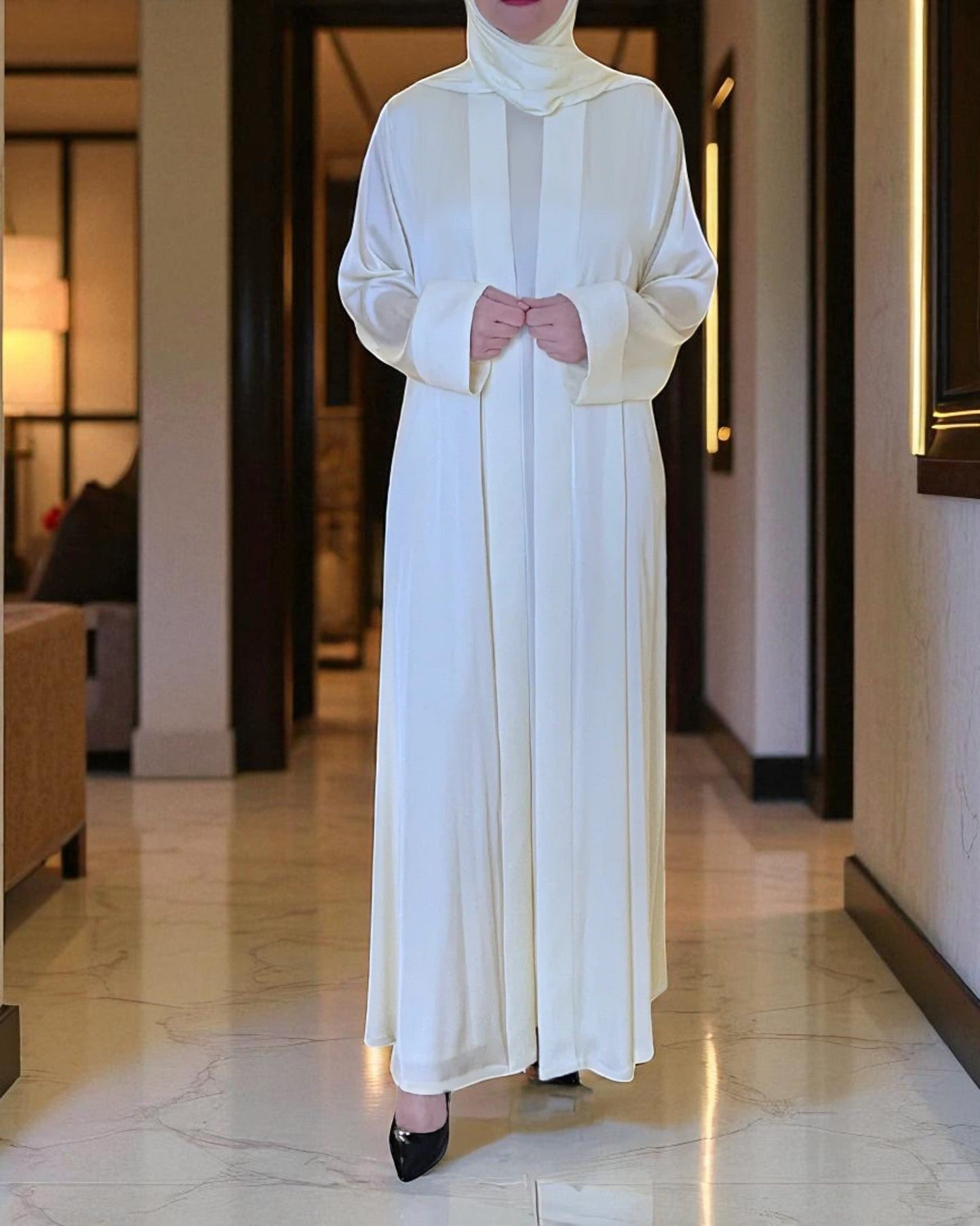 Abaya for Hajj Ð Front Open White Armani Satin Abaya with Inner & Hijab