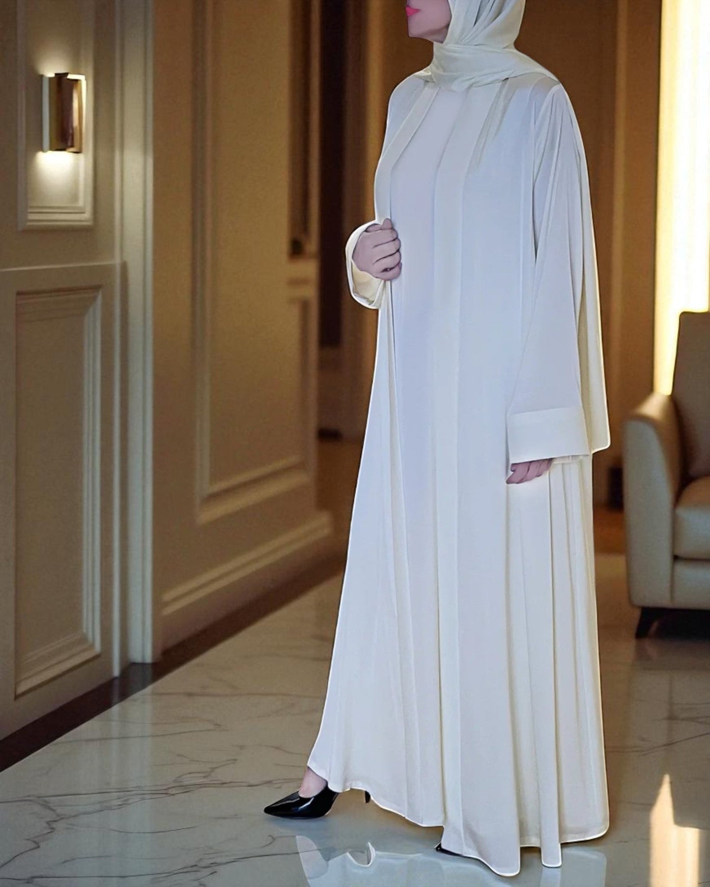 Abaya for Hajj Ð Front Open White Armani Satin Abaya with Inner & Hijab