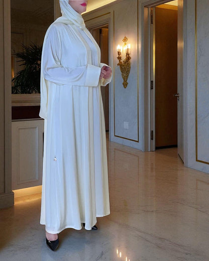 Abaya for Hajj Ð Front Open White Armani Satin Abaya with Inner & Hijab