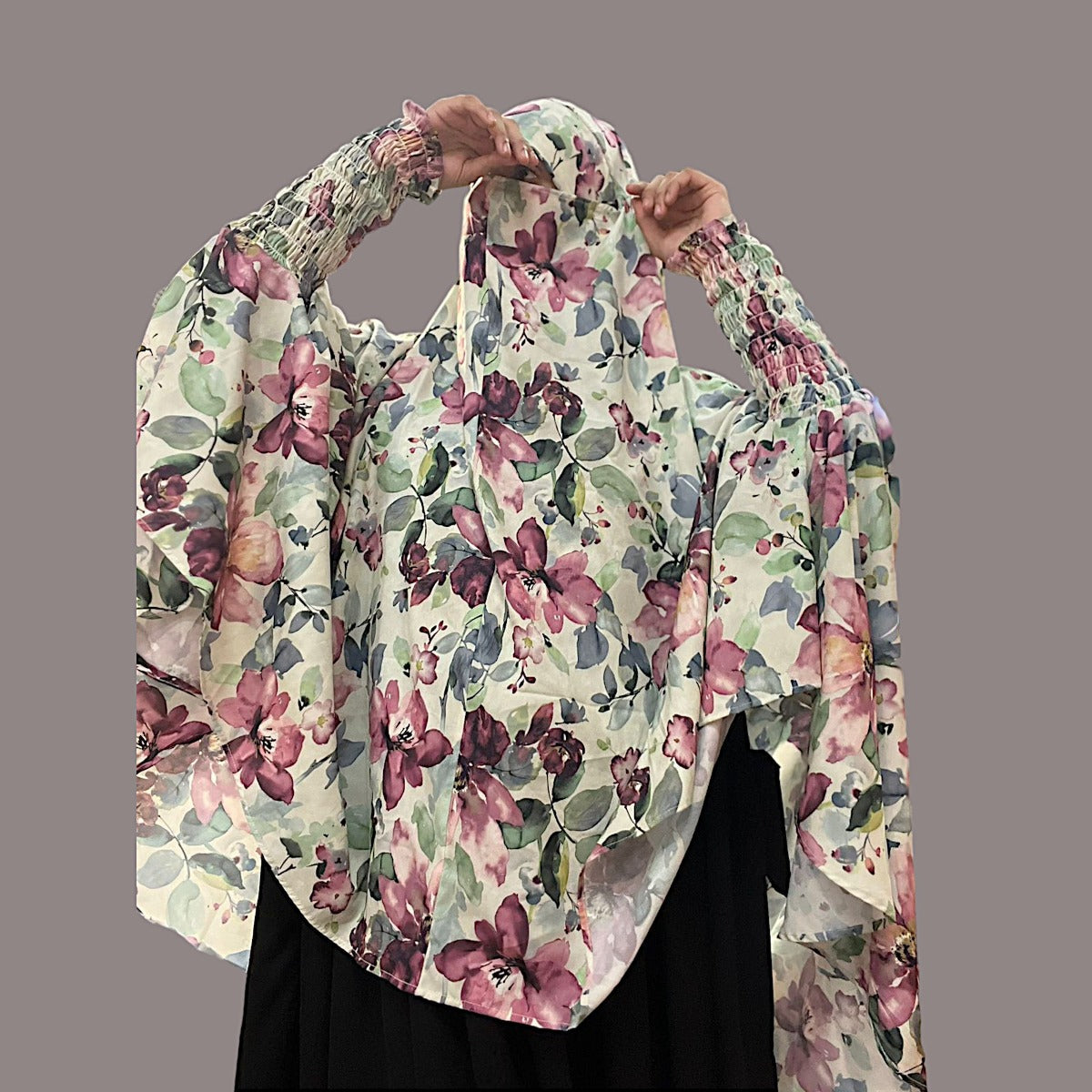 Printed Khimar-Long Prayer Hijab With Attached Mouth-Piece