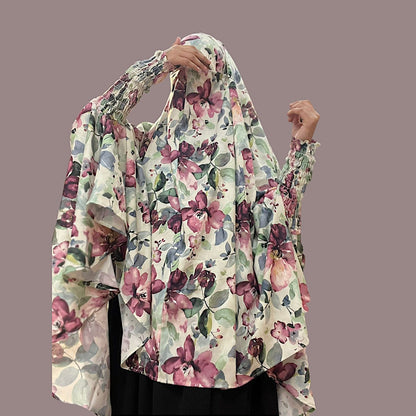 Printed Khimar-Long Prayer Hijab With Attached Mouth-Piece