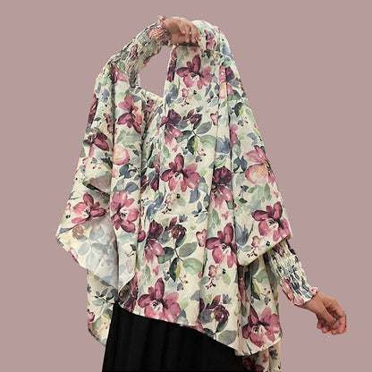 Printed Khimar-Long Prayer Hijab With Attached Mouth-Piece